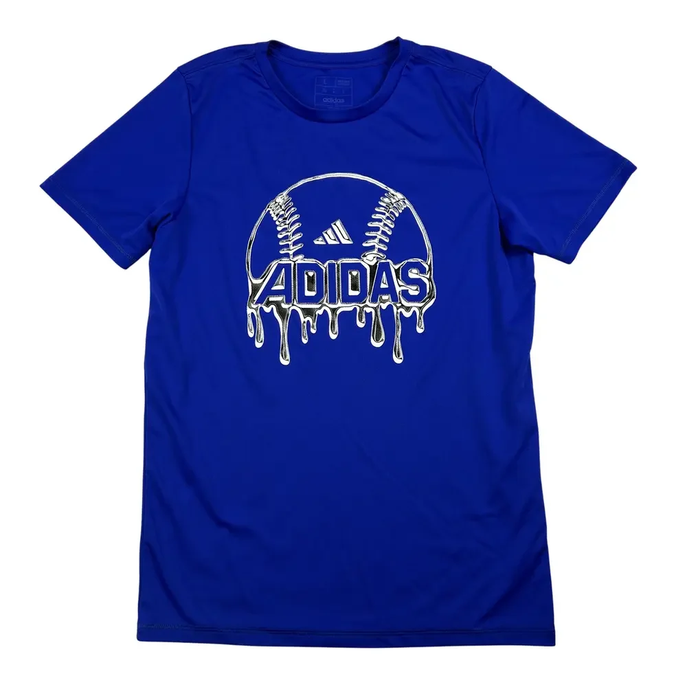Adidas Shirt Mens Large Baseball Graphic Dripping Logo Blue AEROREADY Tee